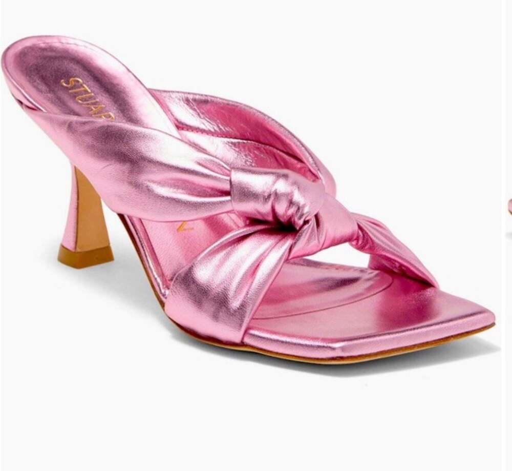 Stuart Weitzman Pink Metallic Leather Knot Mule Heels Size 9.5